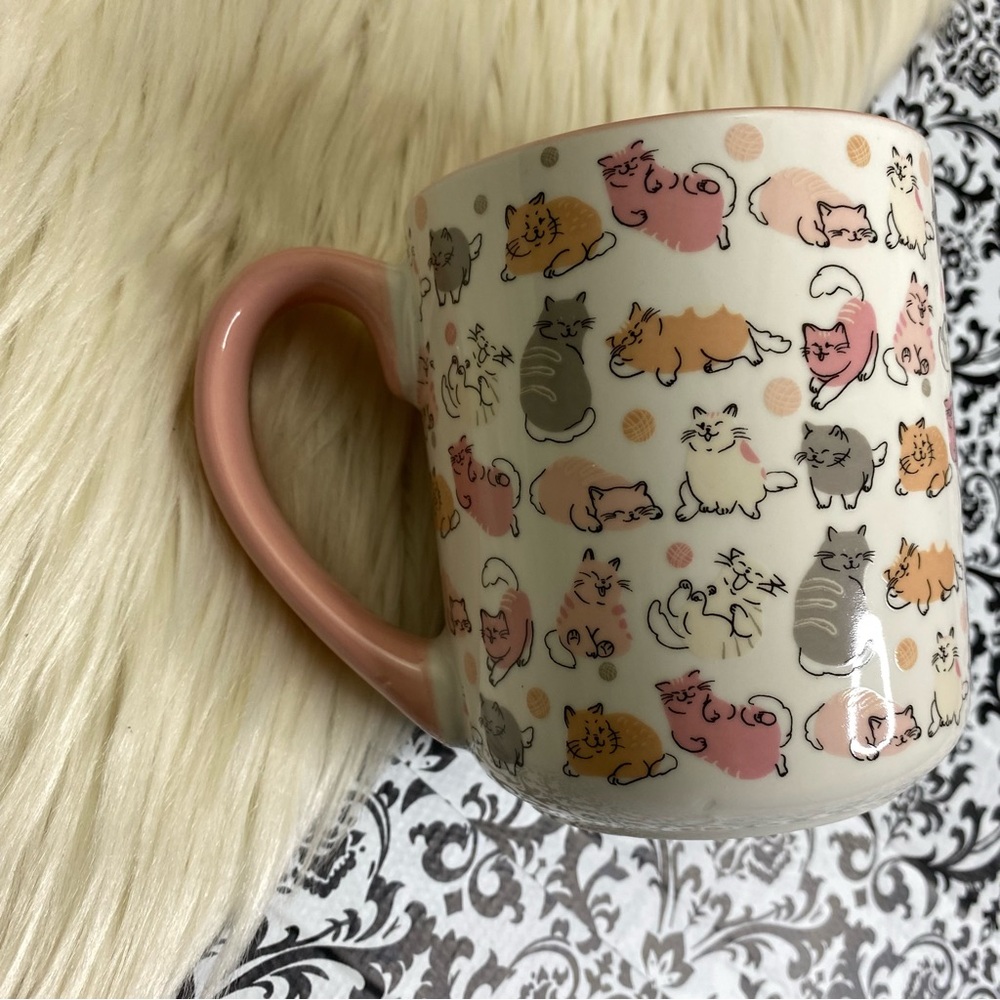 10 strawberry street : pink white and orange cat kitty print coffee tea mug cup - Picture 5 of 8
